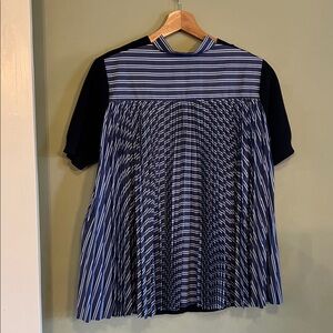 Sacai Striped Blue and Black Short pleated Sleeve Top